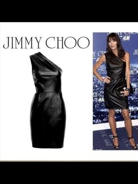 Jimmy Choo Black One-Shoulder Leather Cocktail Dress